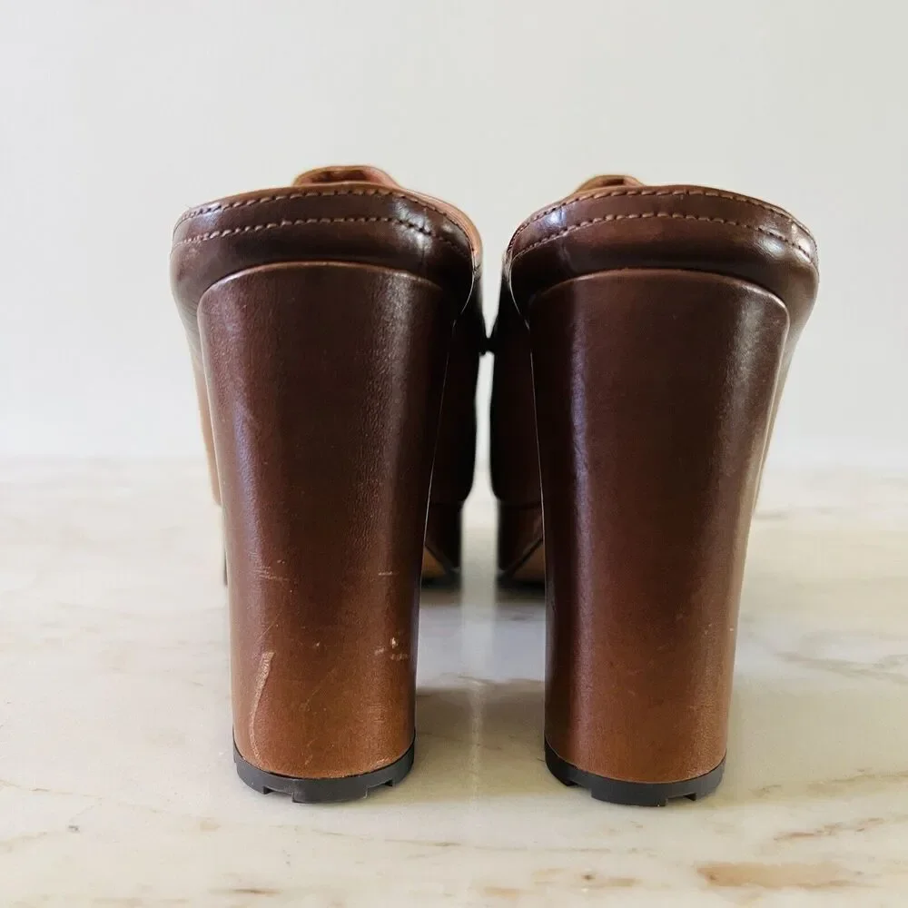 COACH Brown Leather Metal Chain Slip On Clog With High Chunky Heels - US 9.5